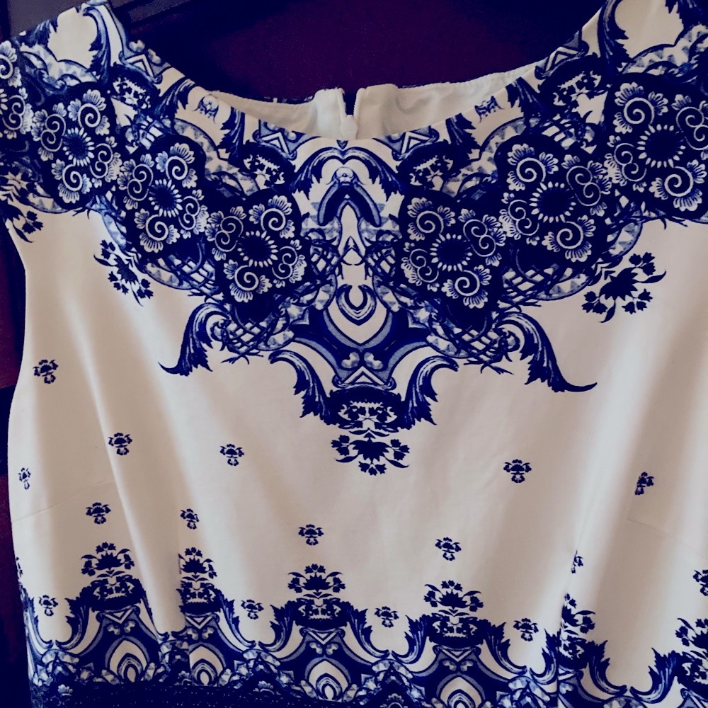 David Meister Blue and White Sleeveless dress with Intricate Design